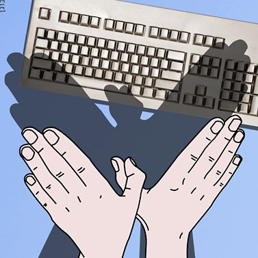 ידיים עושות צללית של ציפור מעל מקלדת. איור: יעל בוגן, העין השביעית cc-by-nc-sa