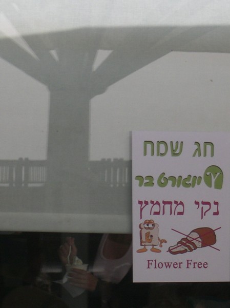 שלט ביוגורטיה בנמל תל אביב: "חג שמח יוגורט בר. נקי מחמץ. Flower Free". צילום: n